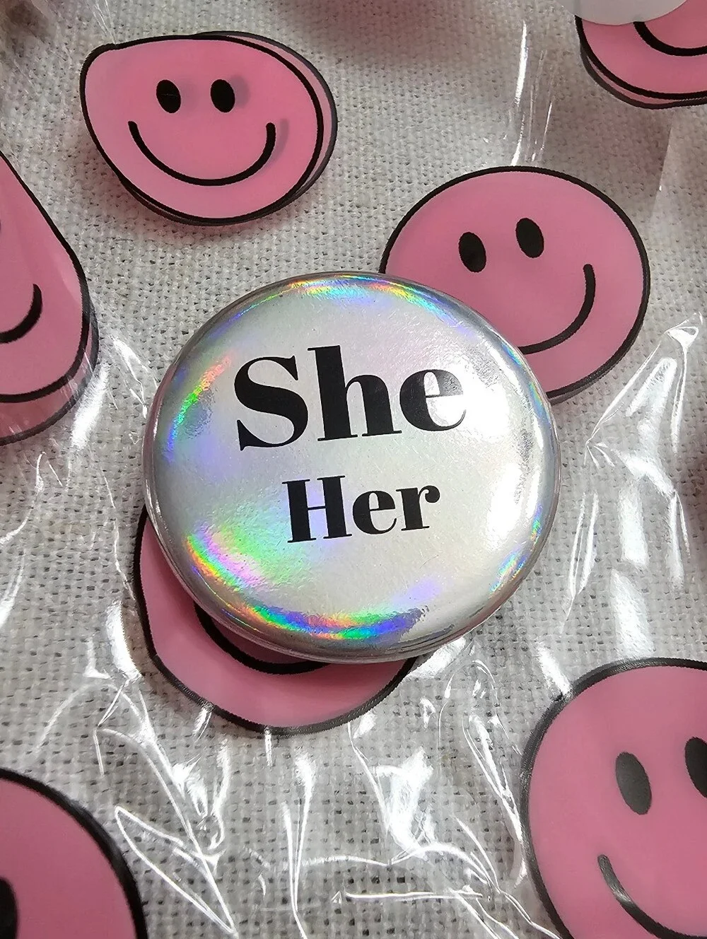 She/Her Pinback button LGBTQI+ metallic Silver & Black holographic effect NWOT